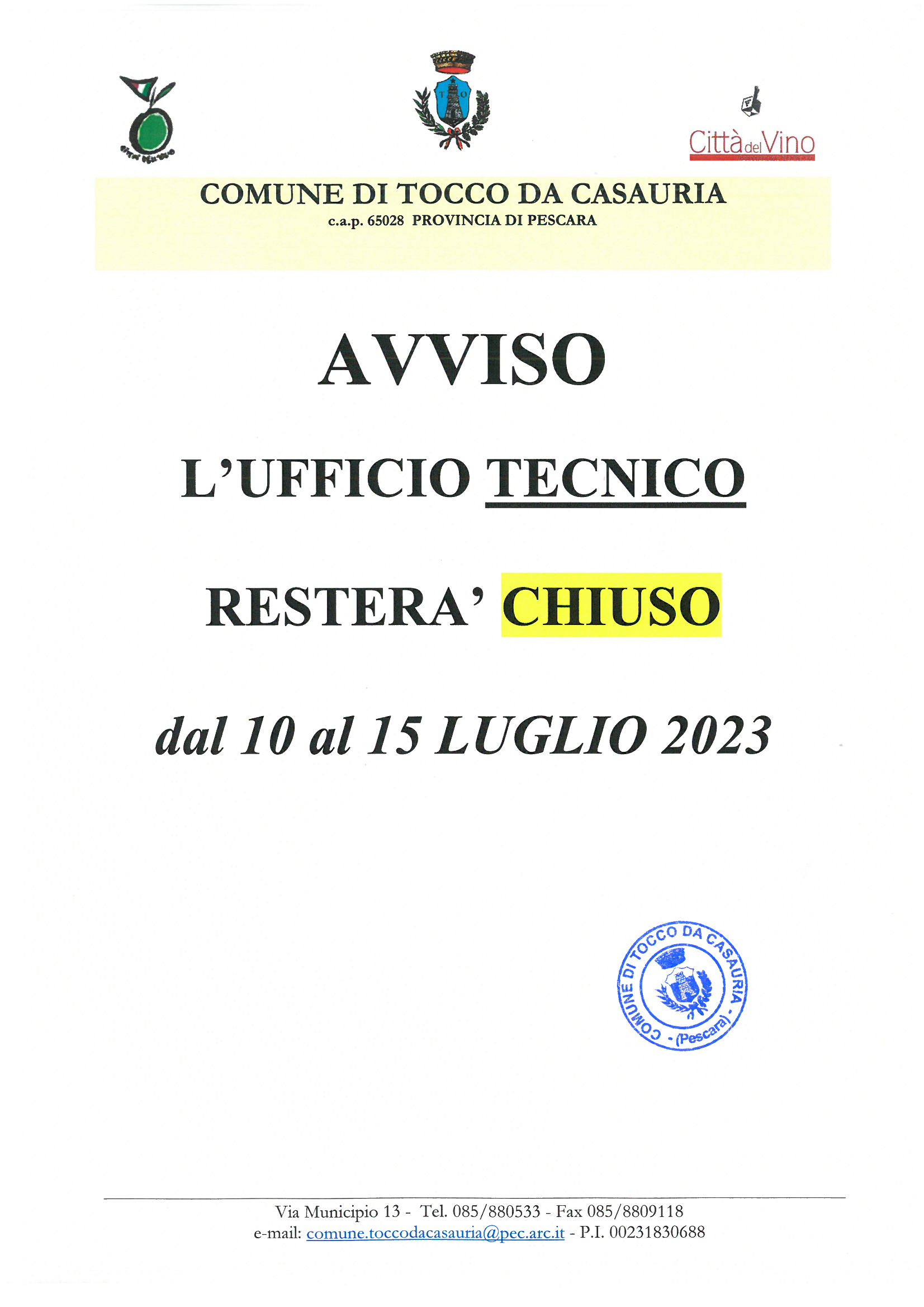 AVVISO CHIUSURA UFFICIO TECNICO