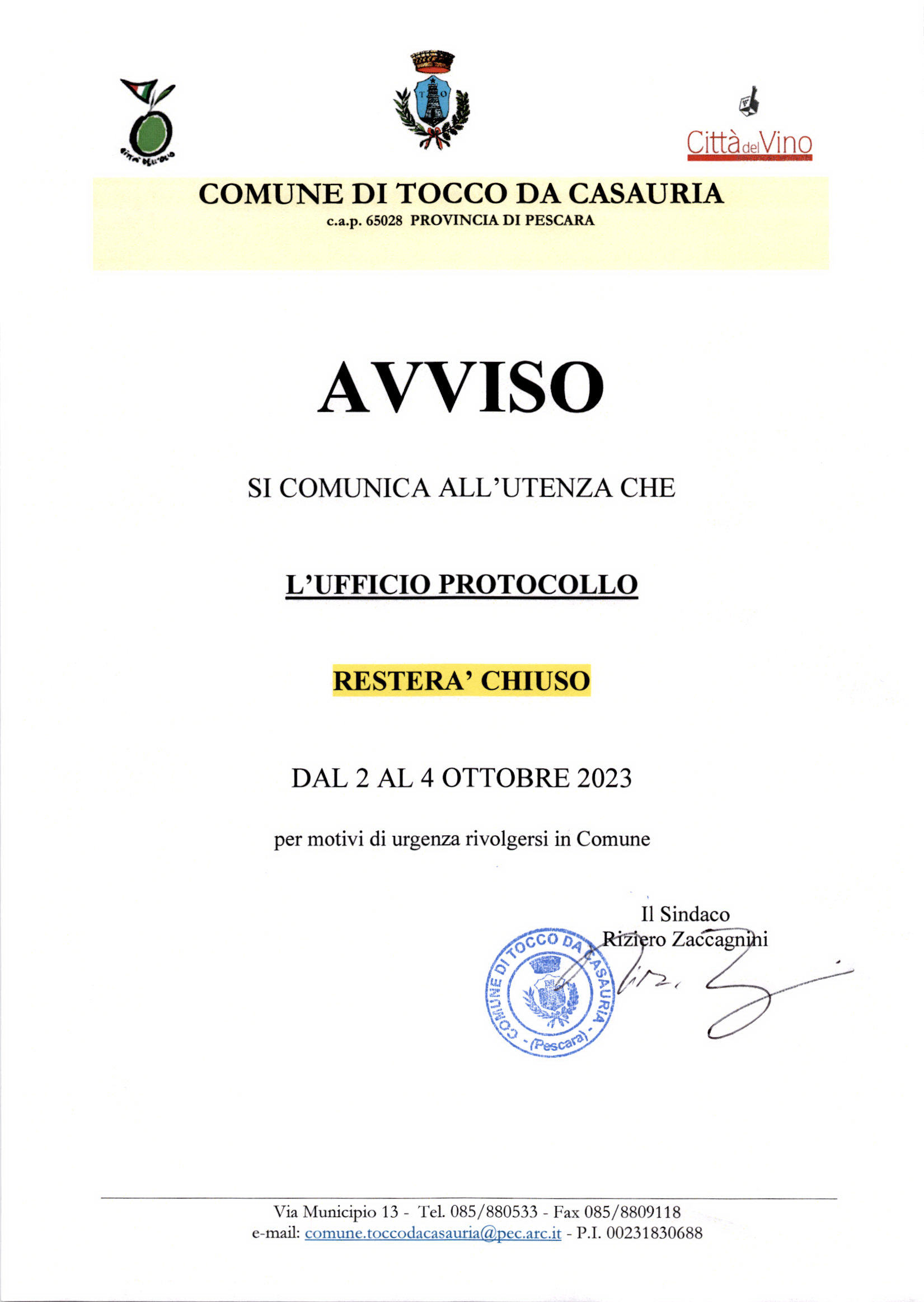 AVVISO CHIUSURA UFFICIO PROTOCOLLO