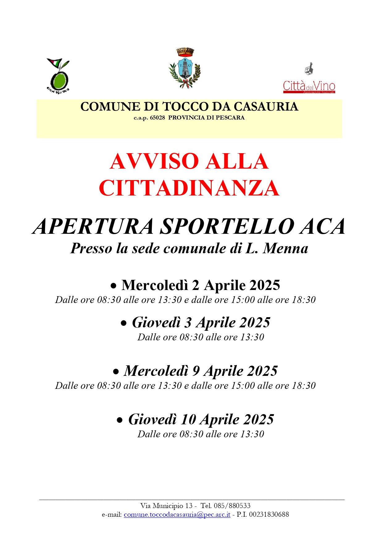 APERTURA SPORTELLO ACA