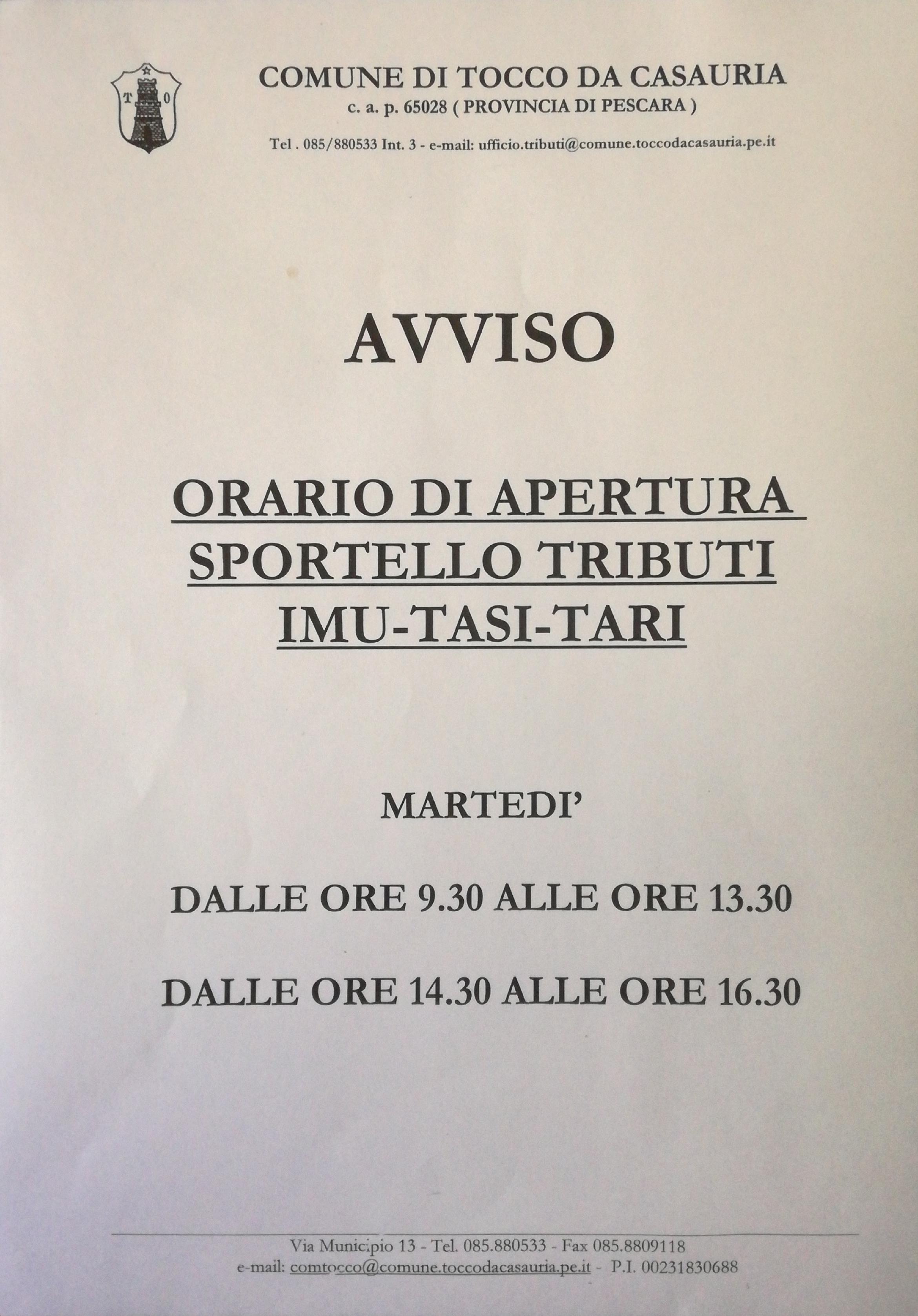 Avviso orario di apertura sportello Tributi - IMU - TASI - TARI