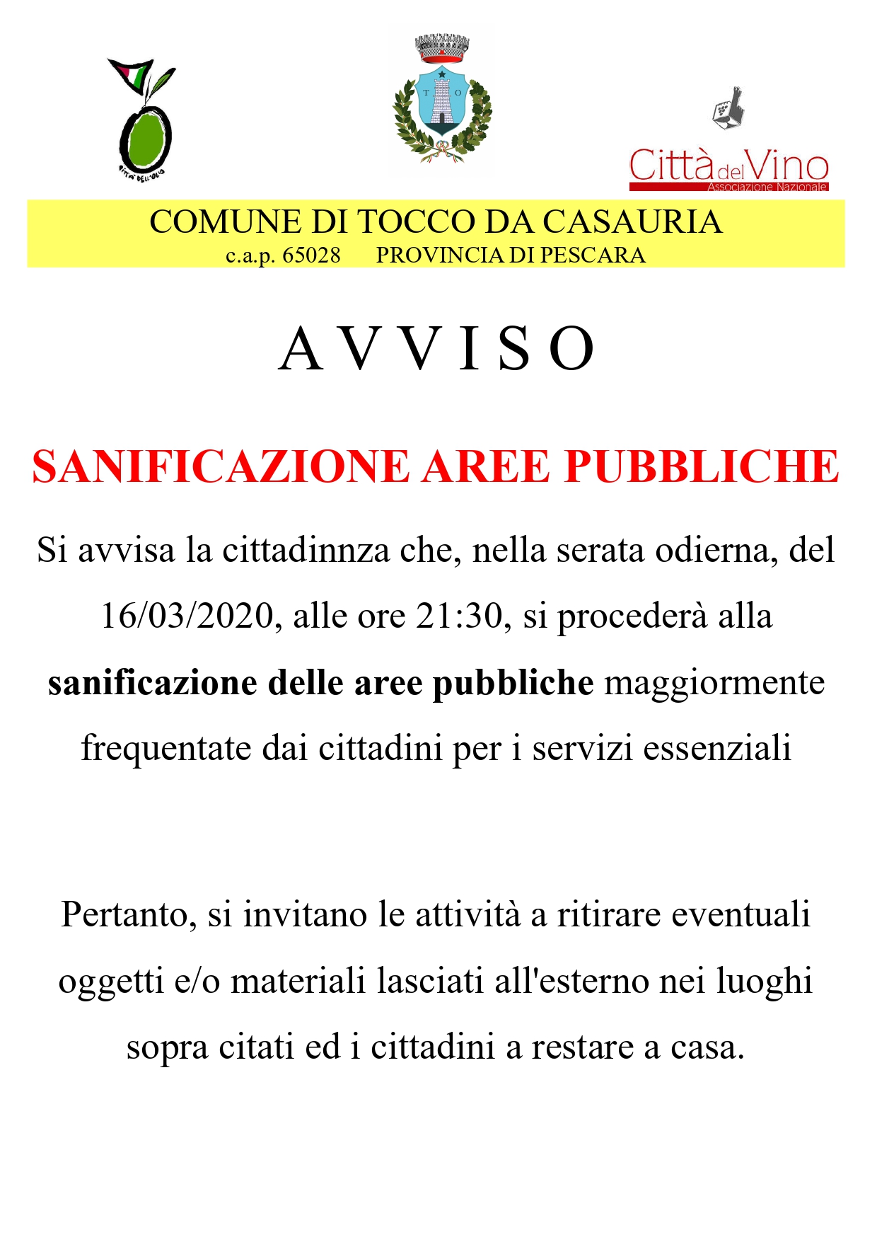 AVVISO SANIFICAZIONE AREE PUBBLICHE