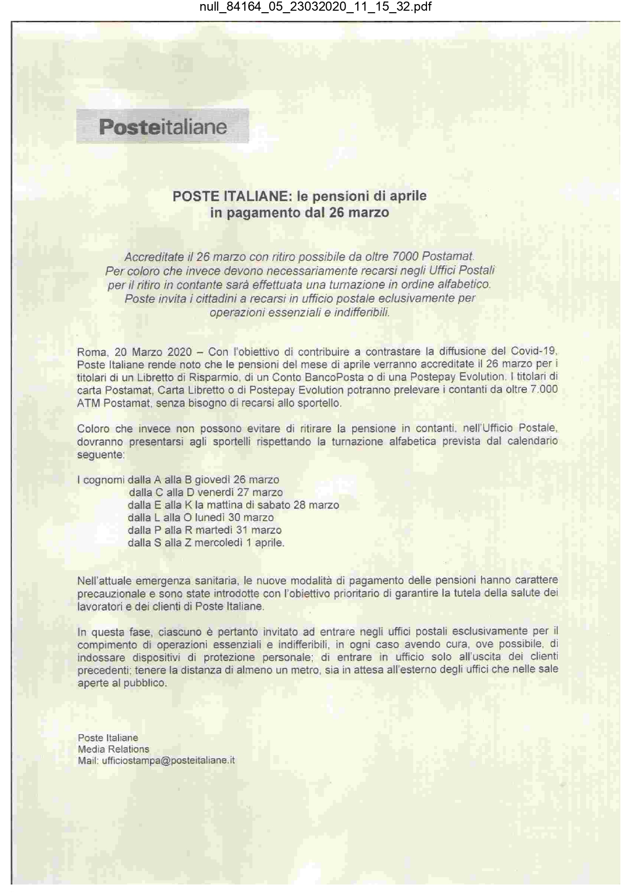 UFFICIO POSTALE TOCCO - LE PENSIONI SI RITERERANNO COS