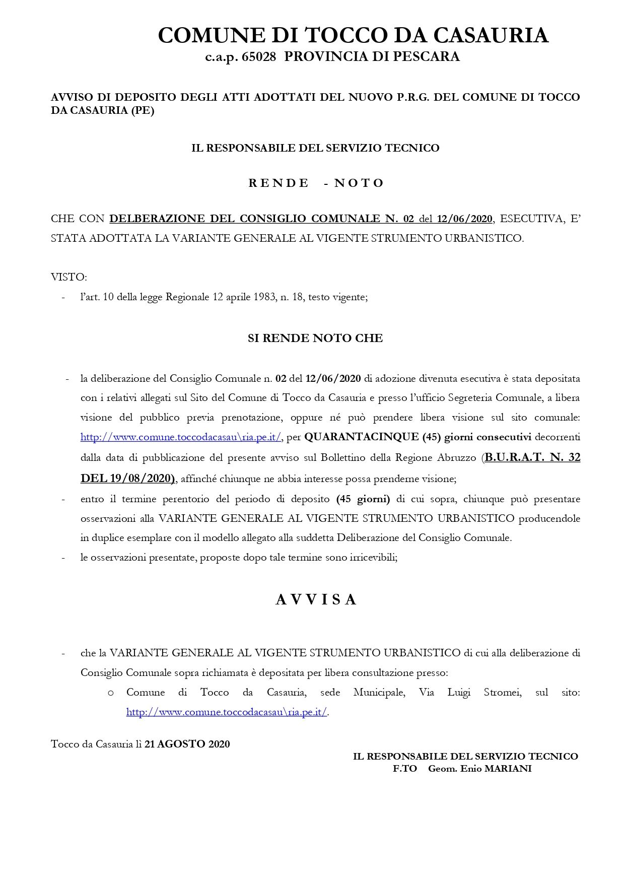 PROROGA OSSERVAZIONI ADOZIONE PRG FINO AL 17 OTTOBRE 2020