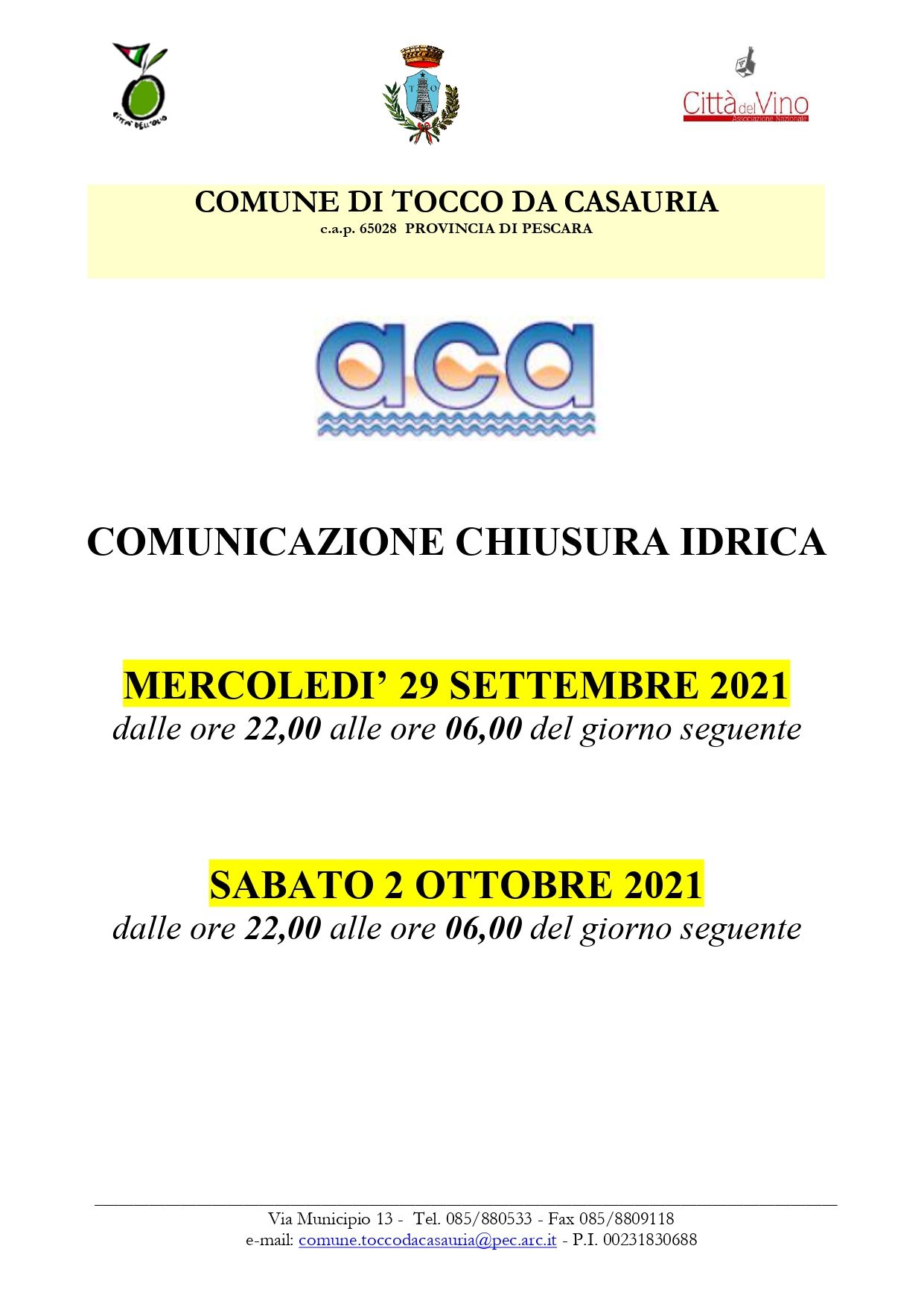 COMUNICAZIONE CHIUSURA IDRICA