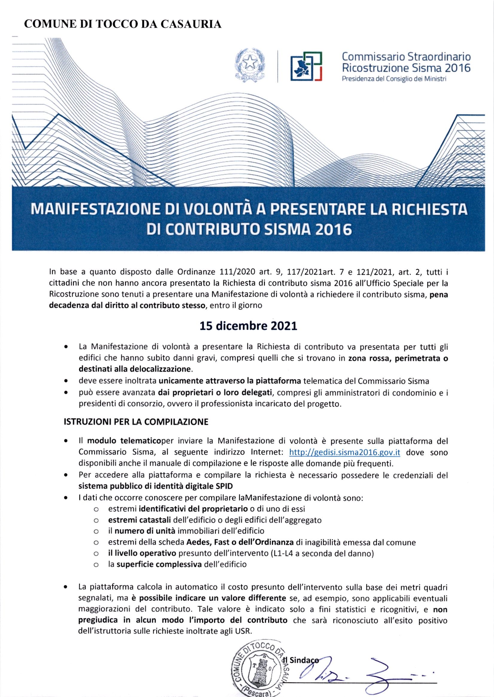 MANIFESTAZIONE DI VOLONTA' A PRESENTARE LA RICHIESTA DI CONTRIBUTO SISMA 2016