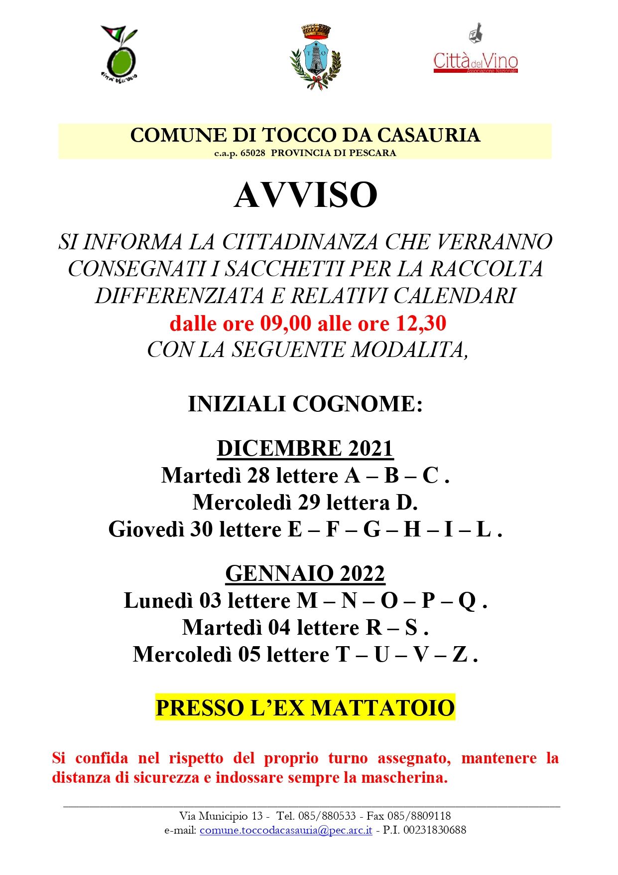 CONSEGNA SACCHETTI E CALENDARI - RACCOLTA DIFFERENZIATA