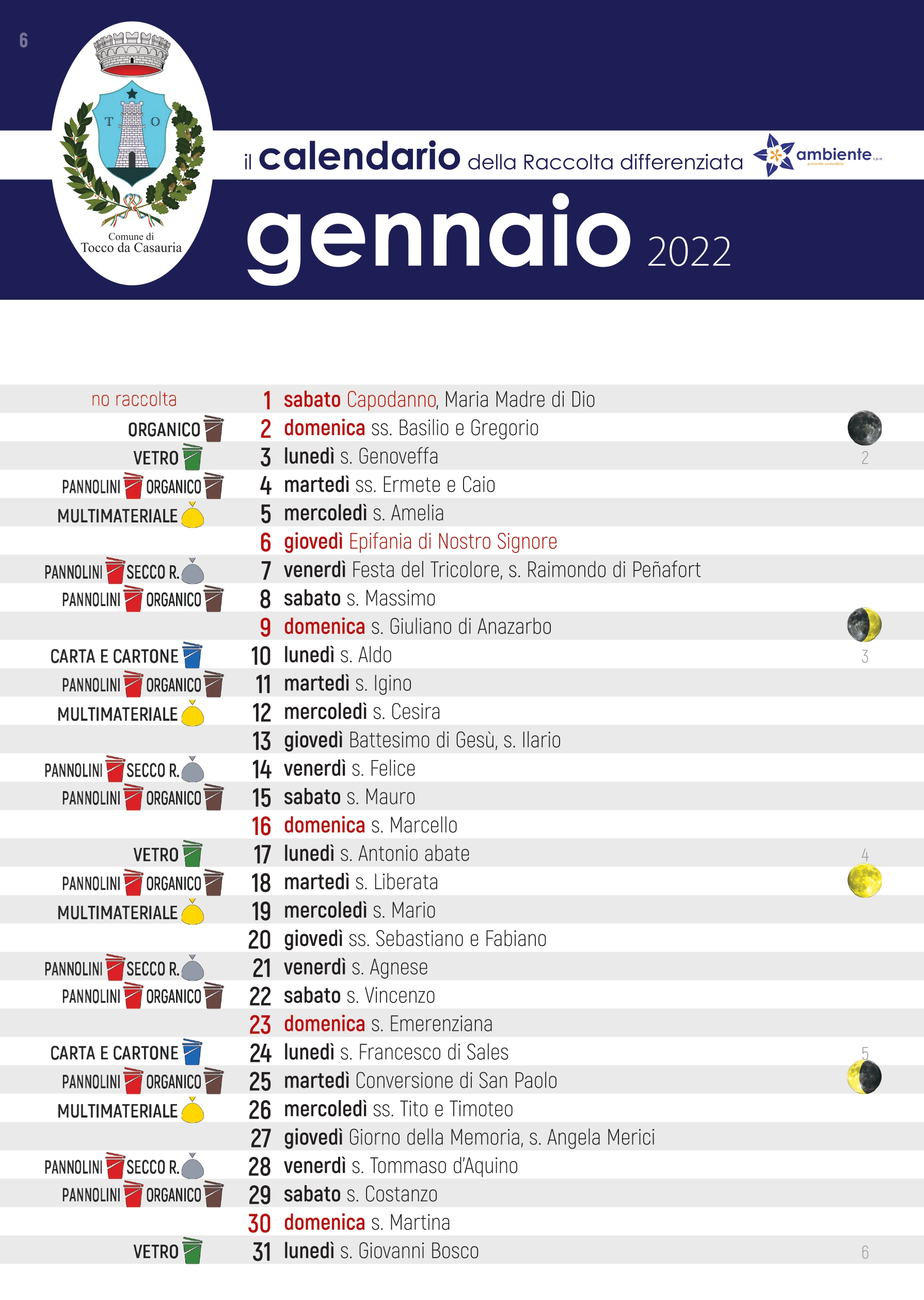 CALENDARIO RACCOLTA RIFIUTI 2022