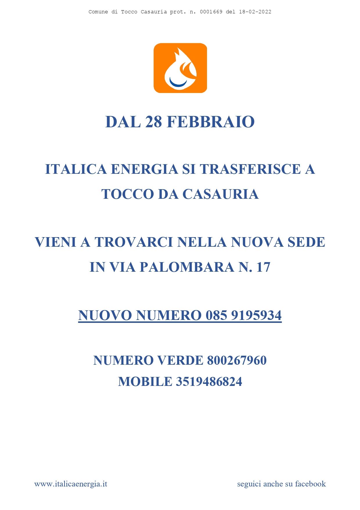 ITALICA ENERGIA SI TRASFERISCE A TOCCO DA CASAURIA