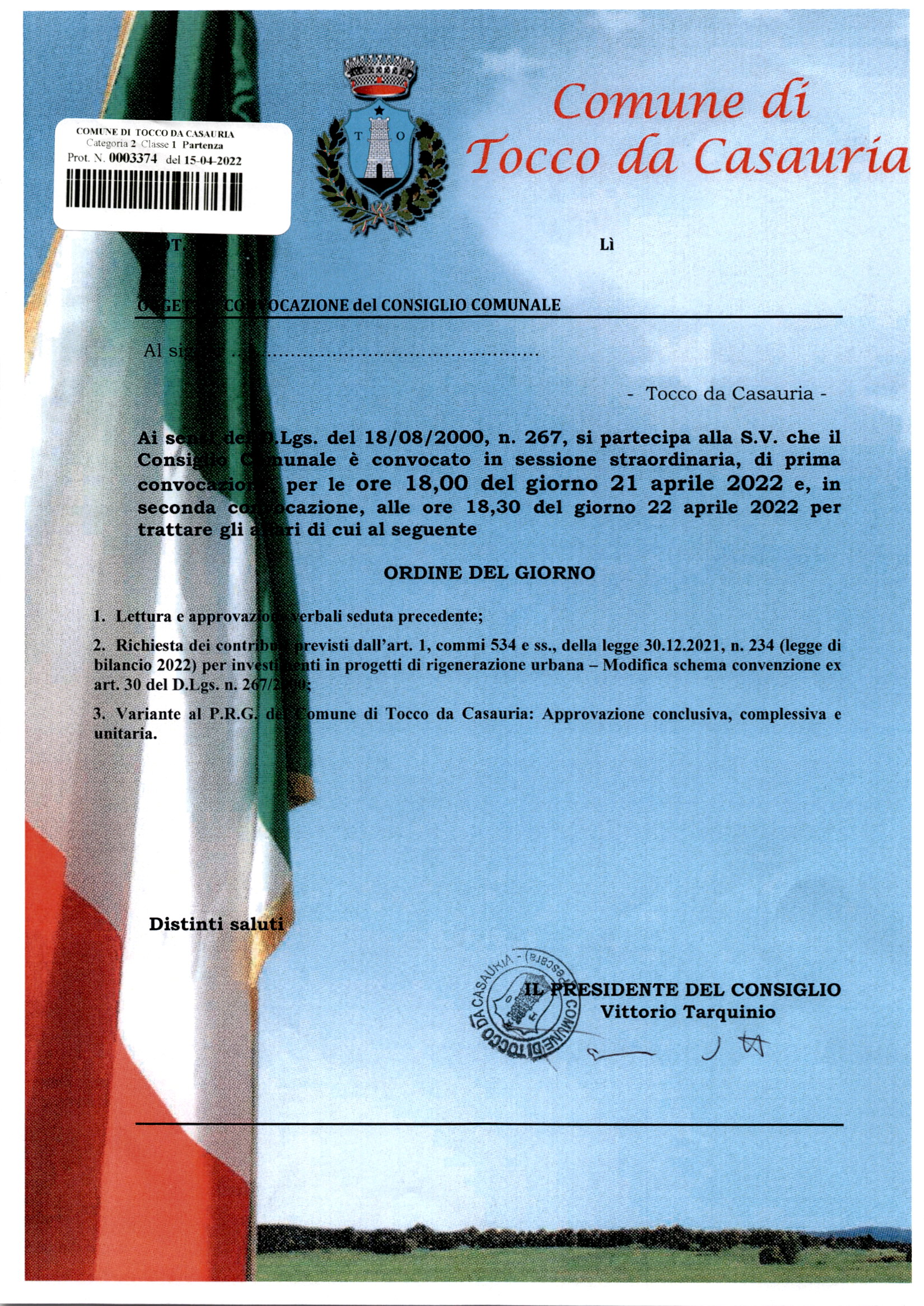 CONVOCAZIONE DEL CONSIGLIO COMUNALE