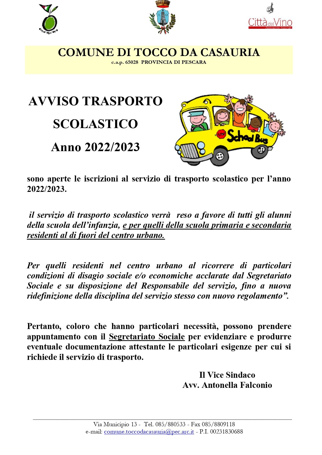 AVVISO TRASPORTO SCOLASTICO Anno 2022/2023